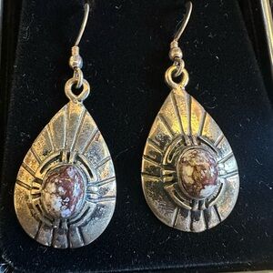 Silver Teardrop Earrings with Brown Marbled Stone - Womens Jewelry